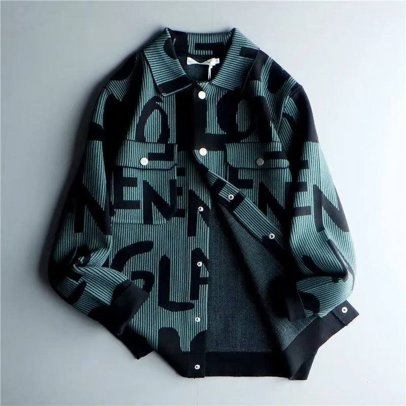 Autumn and winter new simple men's pullover striped color collision knitting season retro knitted cardigan sex letters lapel casual tops loose ja