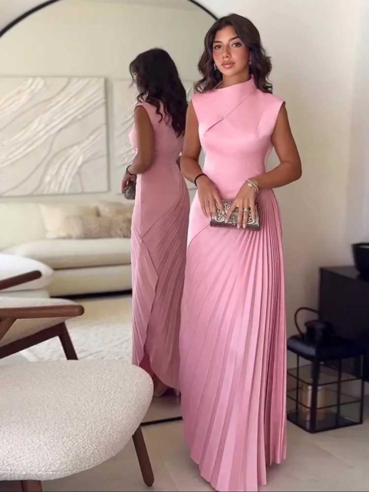 Women Elegant Pink Pleated Stand Collar Long Dresses Fashion Sleeveless Waist Up Slim Fit Vestidos New Female High Street RobesXJ241210