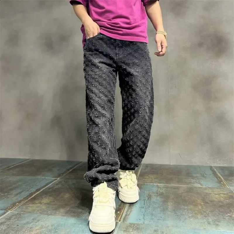 Jacquard All Over High Street Jeans 2024 straight up pattern loose wide leg jeans casual boyfriend pants trend 241206