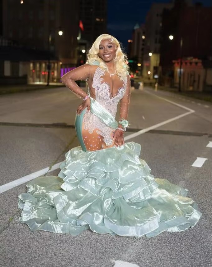 Mint Green Sparkly Long Mermaid Evening Dresses for Black Girl Aso Ebi Dia Crystal Prom Gown Customsized