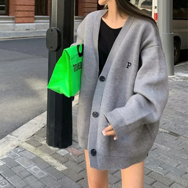 Vintage LooseFit Long Sleeve Knitted Cardigan Embroidered Letter Dongdaemun Style Sweater Jacket For Women 241211