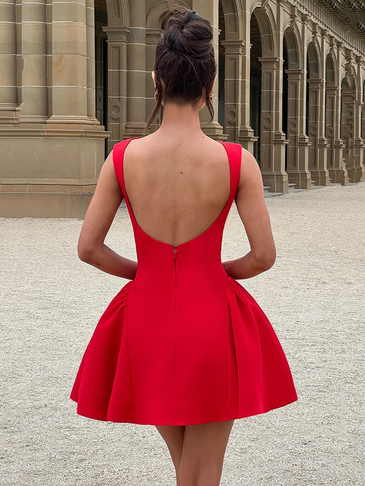 Mozision Backless High Waist A-line Sexy Mini Dress For Women Robe Fashion Solid O Neck Bodycon Club Party Sexy Dress Elegant 241209