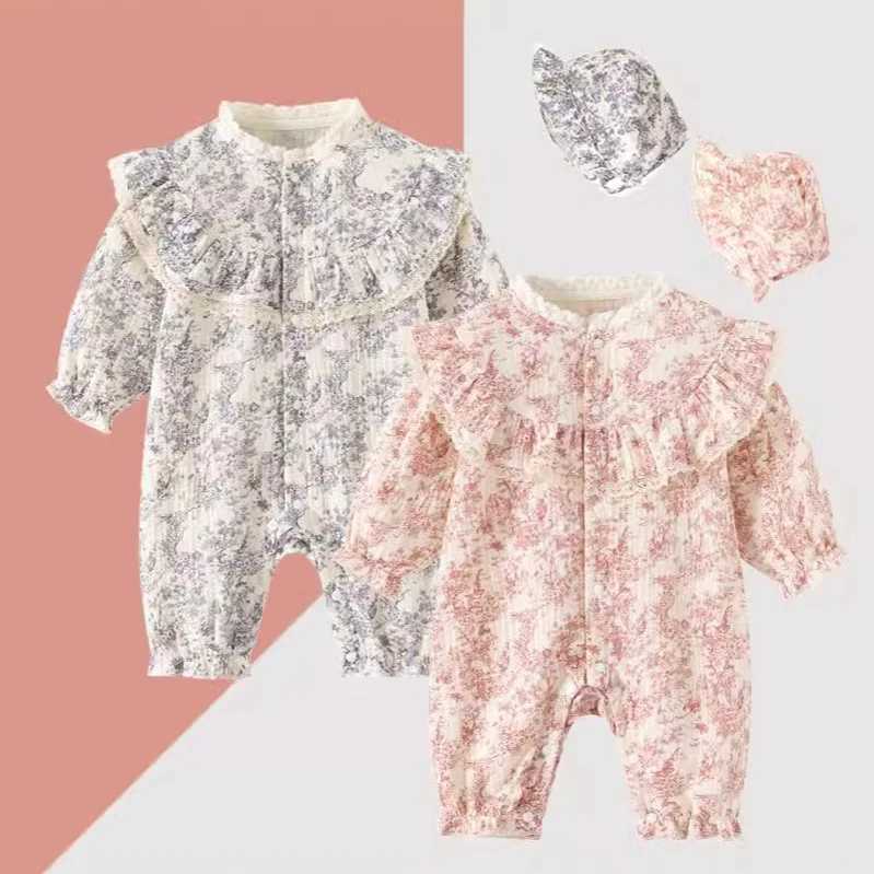 Inkjet newborn baby girl jumpsuit cotton toddler girl Onesie spring autumn baby jumpsuit+hat M241211