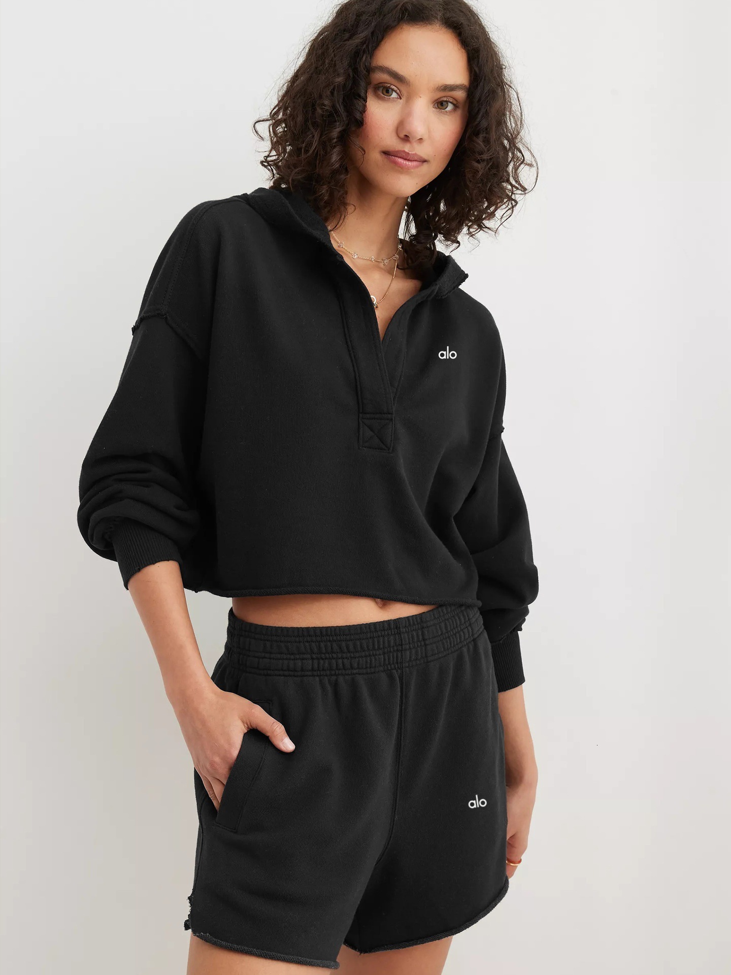 New Women's Pullover V-Neck Long-Sleeved Top Shoulder Sleeves Fiess Loose Hooded Sweater