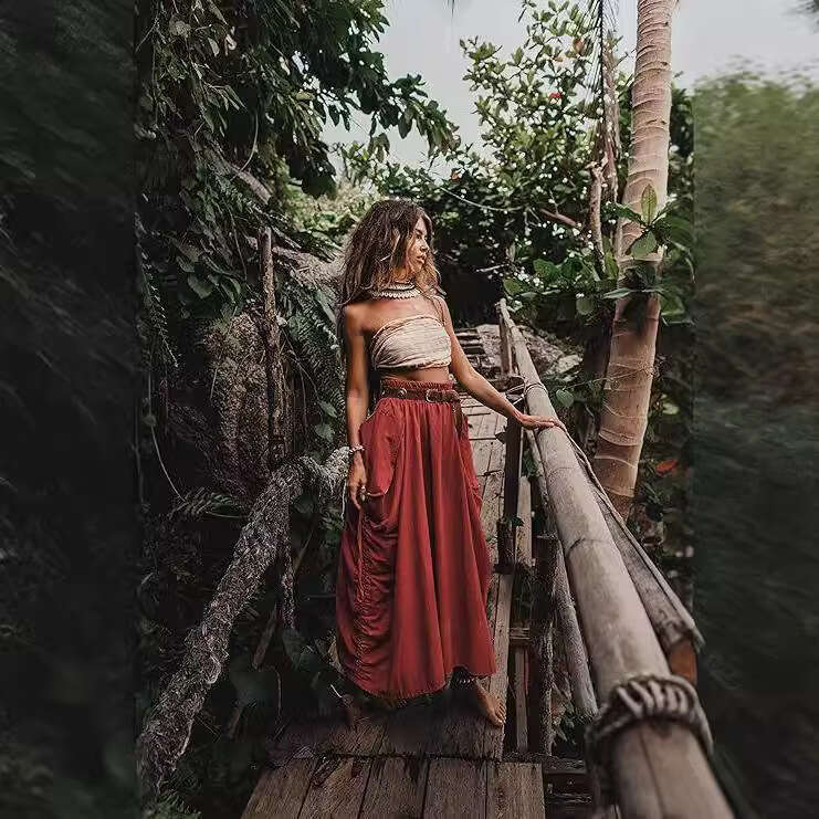 New European American Women's Casual Half With Drawstring And Large Pockets, Bohemian Loose Organic Cotton Long Skirt