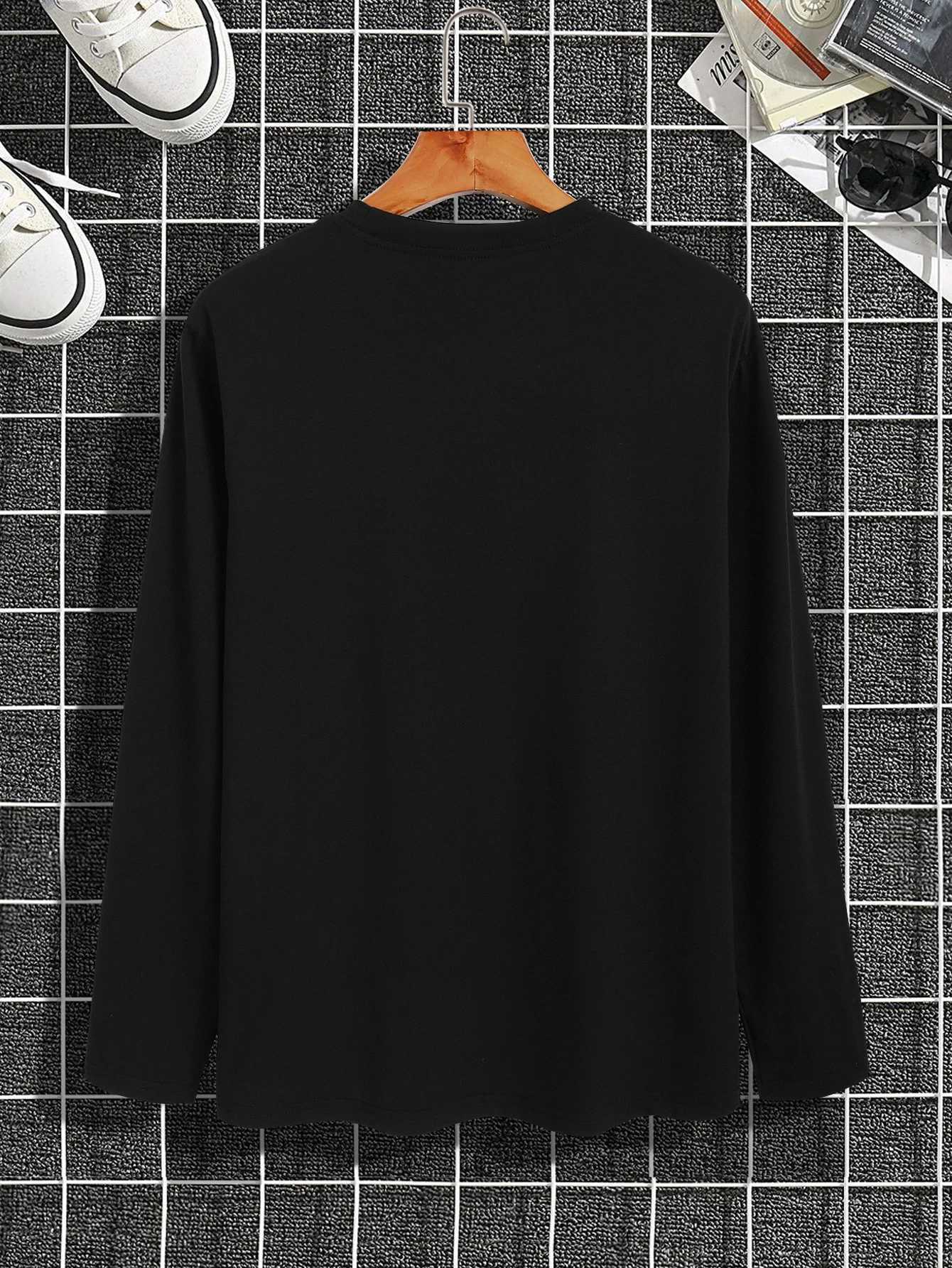 Trendy new long-sleeved t-shirt mens long-sleeved mens printed round neck T-shirt trend versatile casual tops mens T-shirt XJ250621