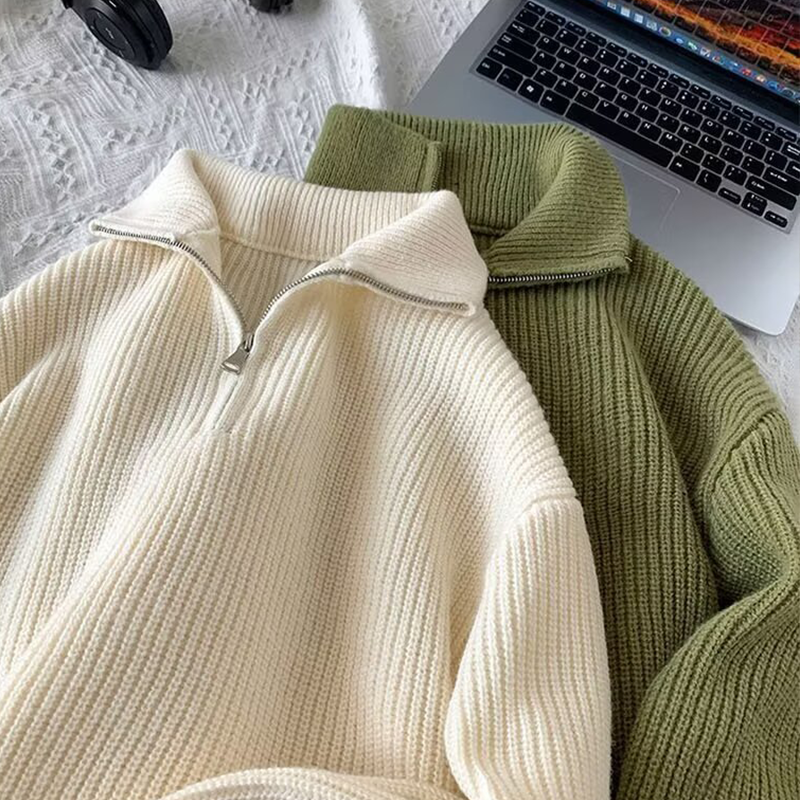 Half-high neck zipper pullover sweater men's autumn and winter Hong Kong style retro slouchy tops Japanese Department of matching couple knitwear