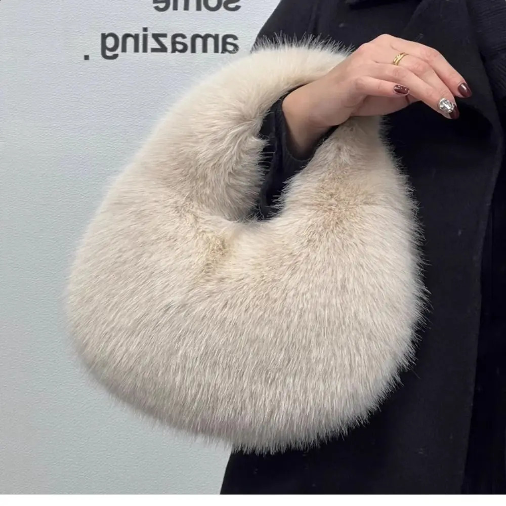 y Soft Plush Half Moon Bag Fluffy Party Clutch Lady Handbags Female Winter Purse Faux Fur Casual Tote 241210
