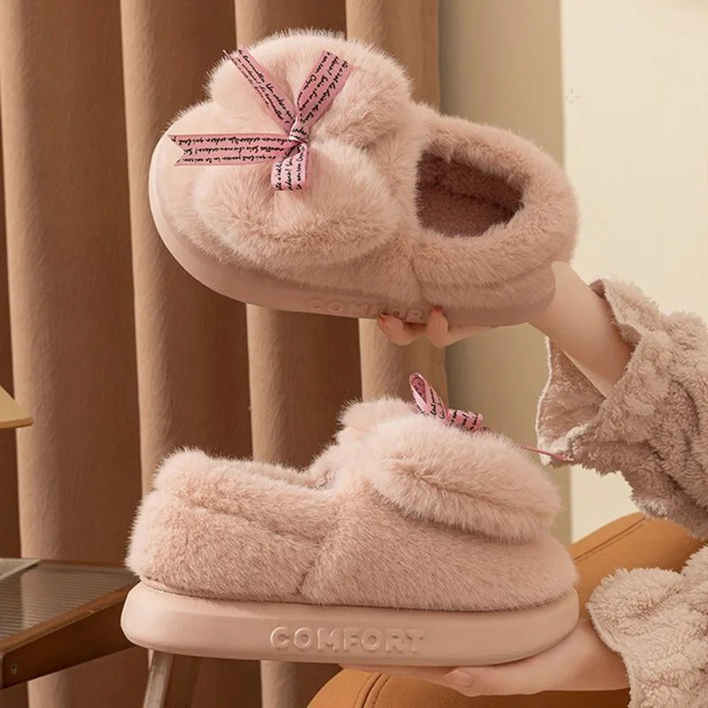 Bow Cloud Winter Womens Slippers Fluffy House Cotton Shoes EVA Indoor Slippers Living room warm soft Female Ladies Slippers 241211