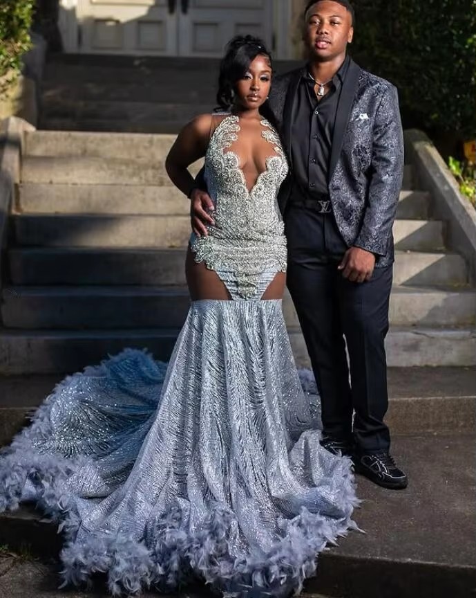 2025 Sier Lace Long Sparkly Mermaid Formal Prom Dresses Customsised Beaded Evening Ocn Gala Gowns