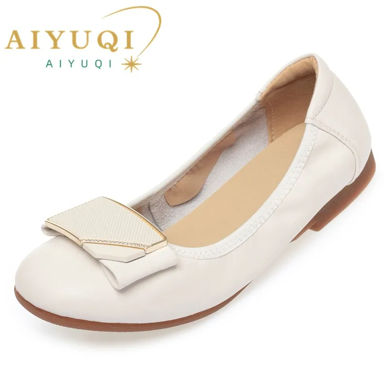 AIYUQI Women Beanie Shoes Fall Genuine Leather Flat Casual Shoes Women Round Toe Large Size Non-slip Mom Shoes