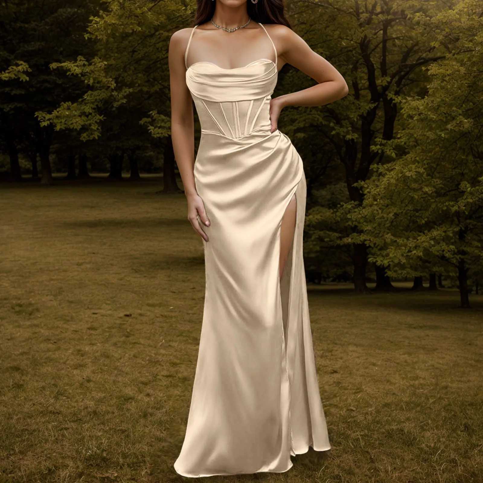 Women Sexy Sleeveless Slip Dress Smooth Silk Pleated Halter Solid Color Long Skirt Front Fork Backless Party Fashion Gala DressXJ241210