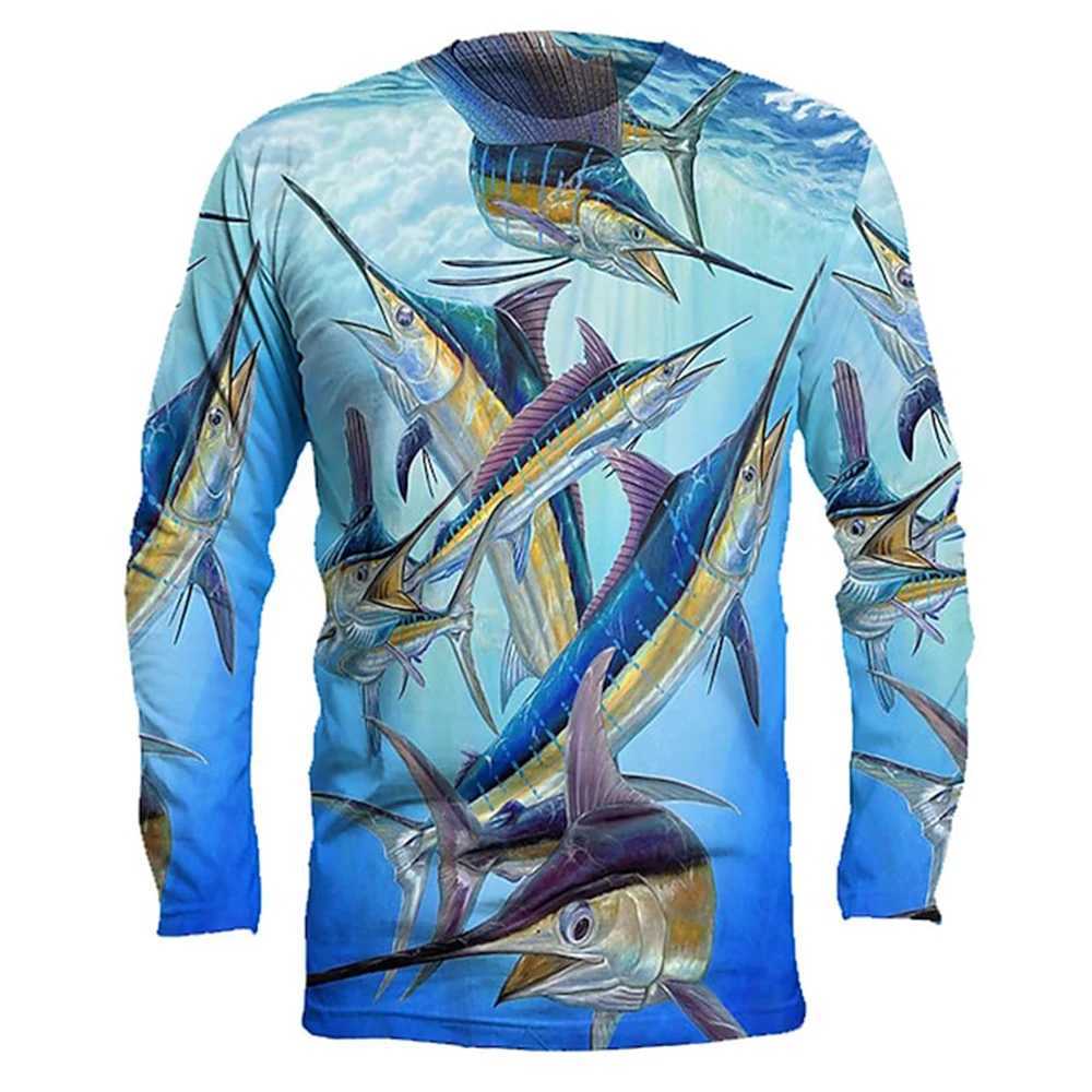 Mens outdoor fishing T-shirt long sleeved shirt 3D underwater fish pattern casual and fashionable round neckXJ241210