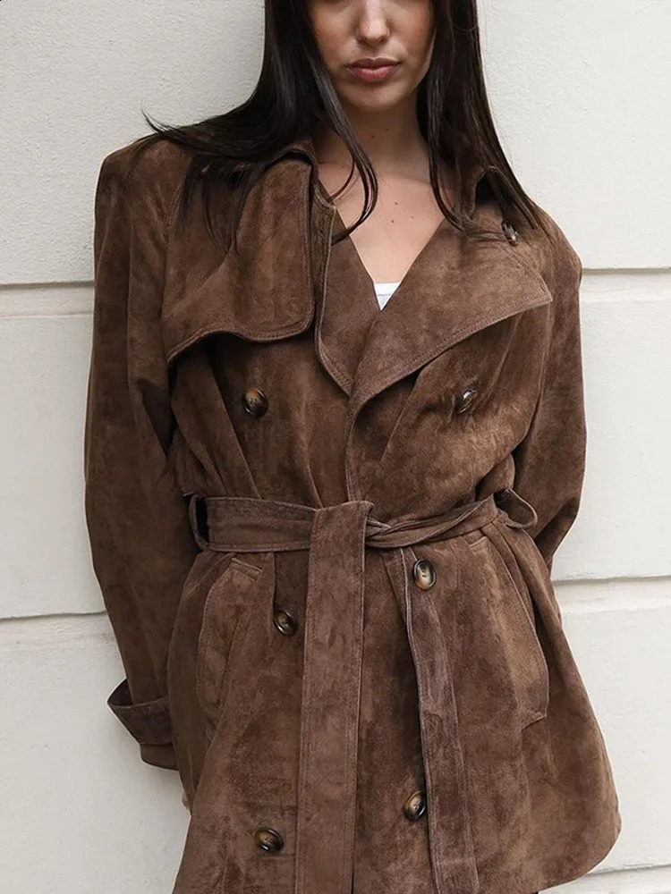 Vintage Belt Suede Cropped Womens Trench Coat Full Sleeve Double Breasted Windbreaker Jackets 2024 Commute Loose Overcoats 241205