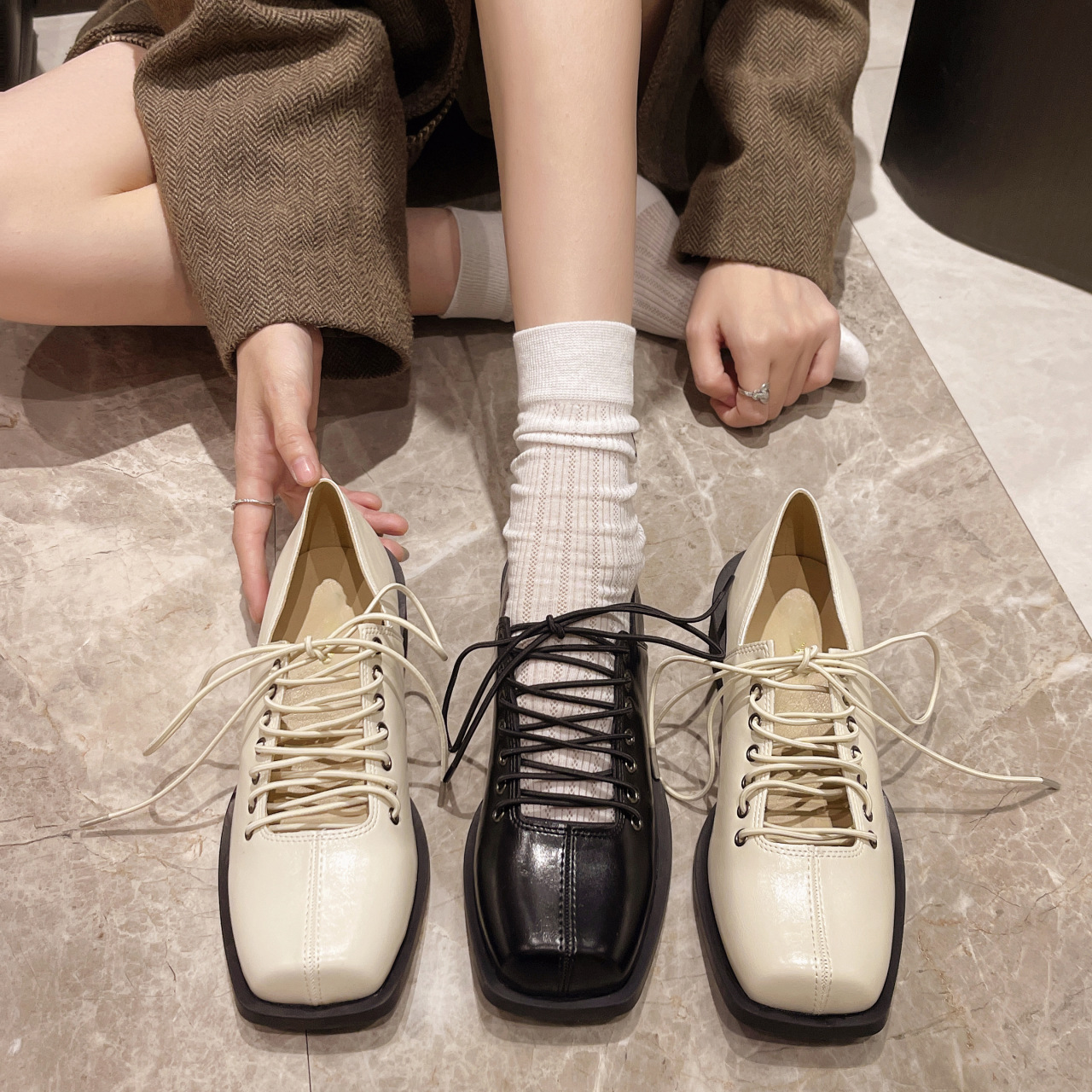 Women Dress Shoes:Thick Sole High Heel Simple Design Fashion Versatile British Style Leather Shoes,Black/Apricot,Free shipping