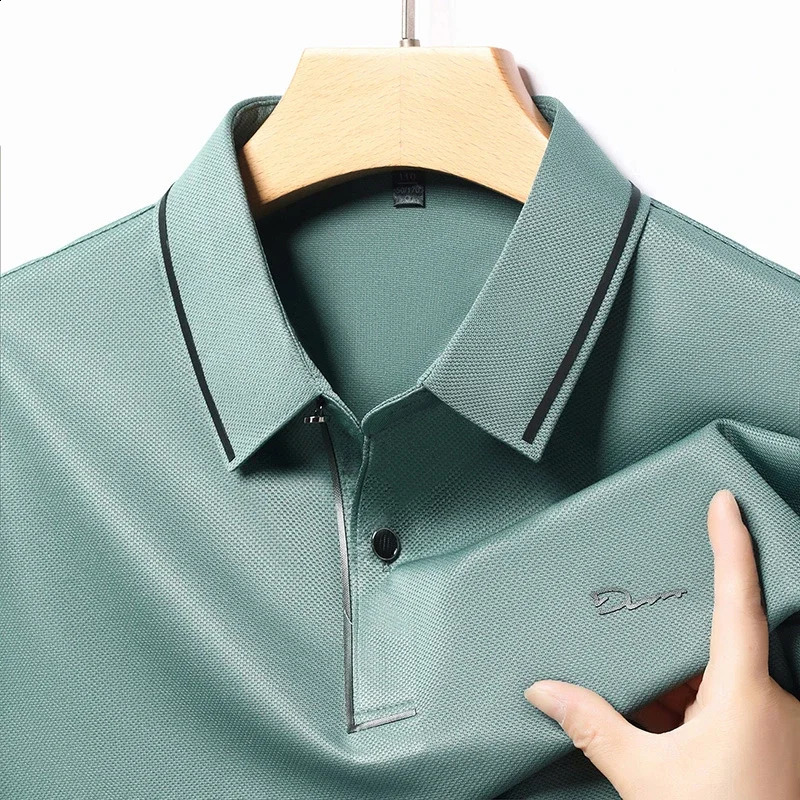 mens business casual long sleeved shirt with badge solid color polo fashionable breathable and comfortable lapel top y250321