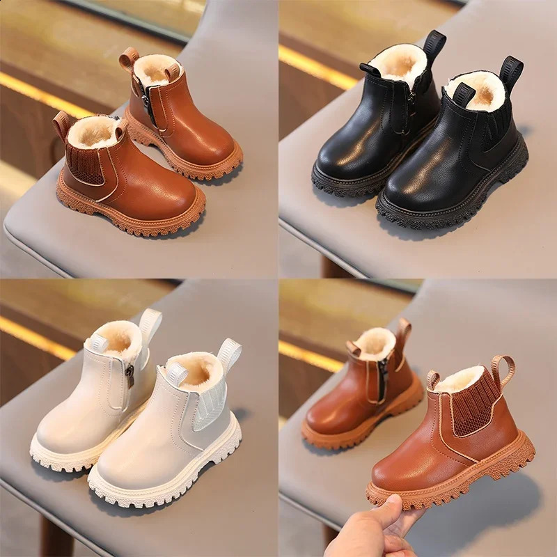 Winter Childrens Boys and Girls Fashion Boots British Style Zipper Velvet Warm Anti slip Short Leather Shoes 241210z