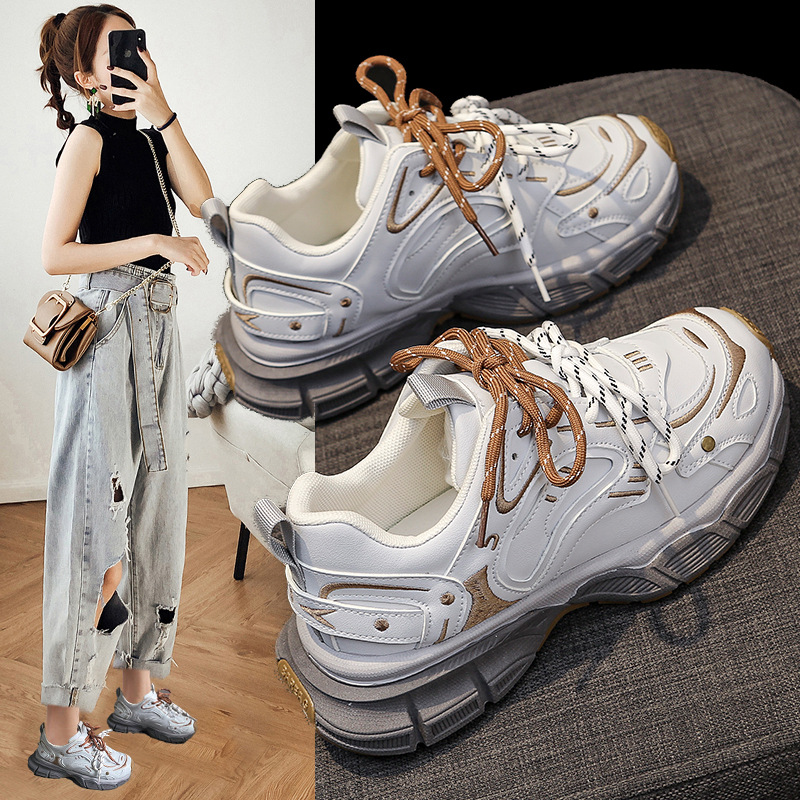 Women Sports Shoes:Mid Heel Retro Style Chunky Running Shoes New Product Anti-slip Versatile Sneakers,Grey/Brown,Free shipping