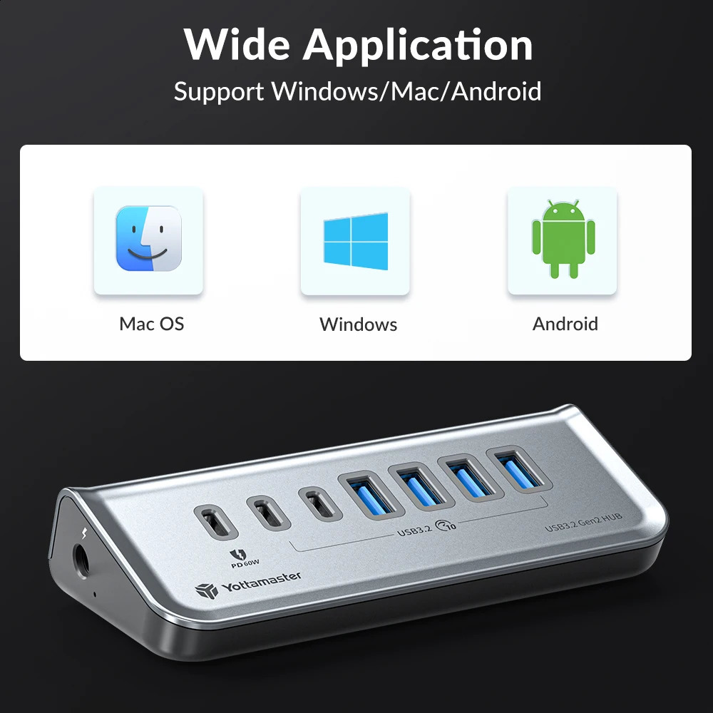 Yottamaster Multi Port USB 3.2 Hub USB A Type C Hub 7 Slot Docking Station PD18W 60W USB 3.0 Fast Charging Hub USB Divider 241209