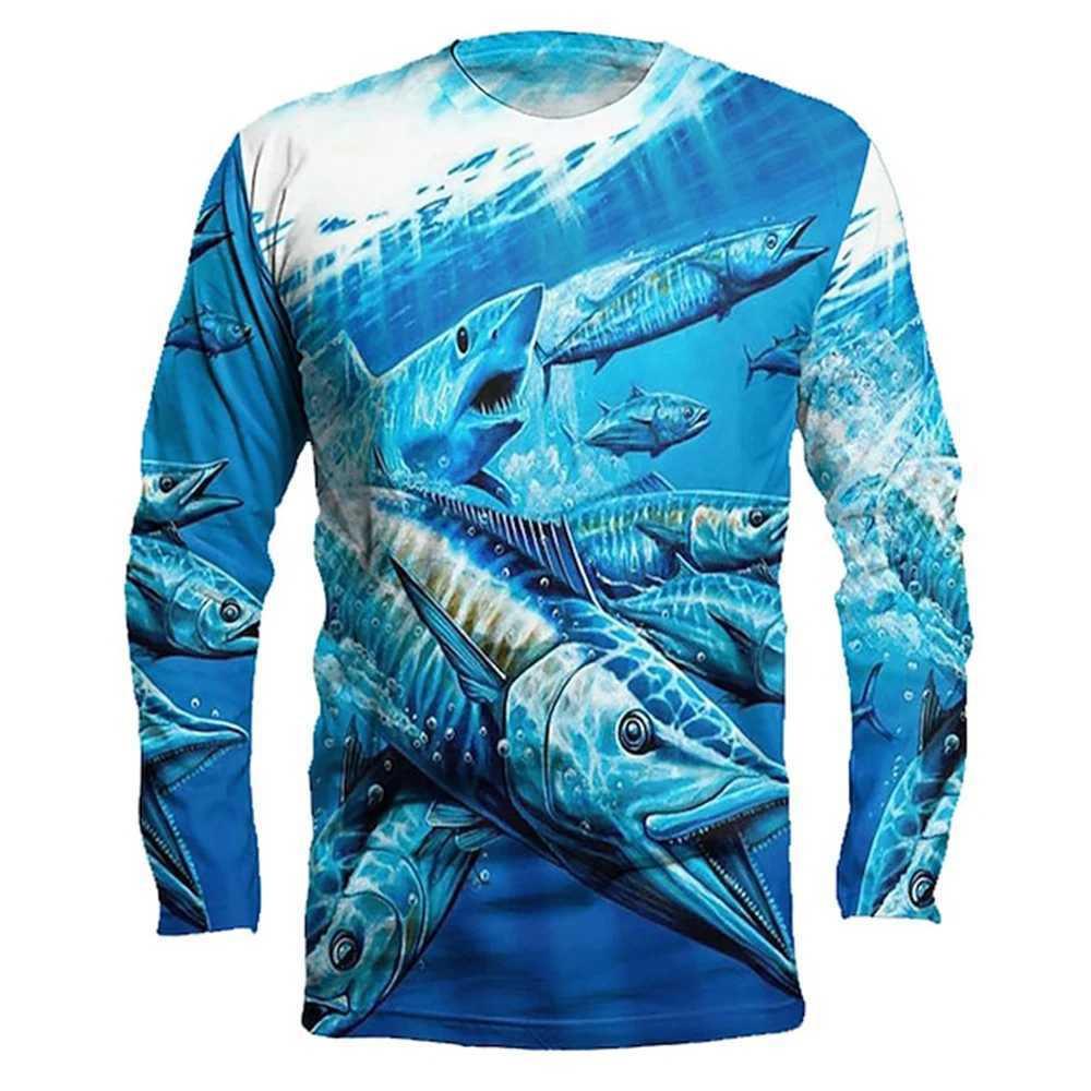 Mens outdoor fishing T-shirt long sleeved shirt 3D underwater fish pattern casual and fashionable round neckXJ241210