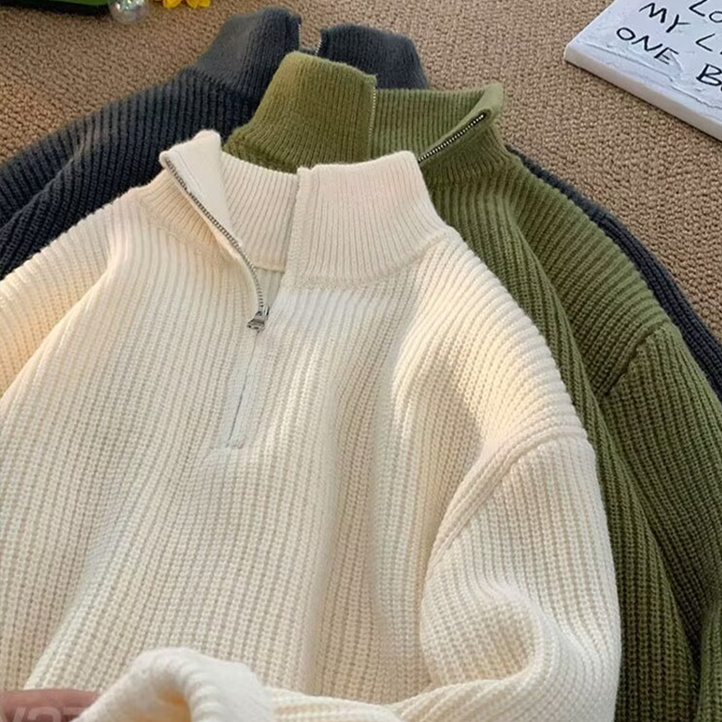 Half-high neck zipper pullover sweater men's autumn and winter Hong Kong style retro slouchy tops Japanese Department of matching couple knitwear