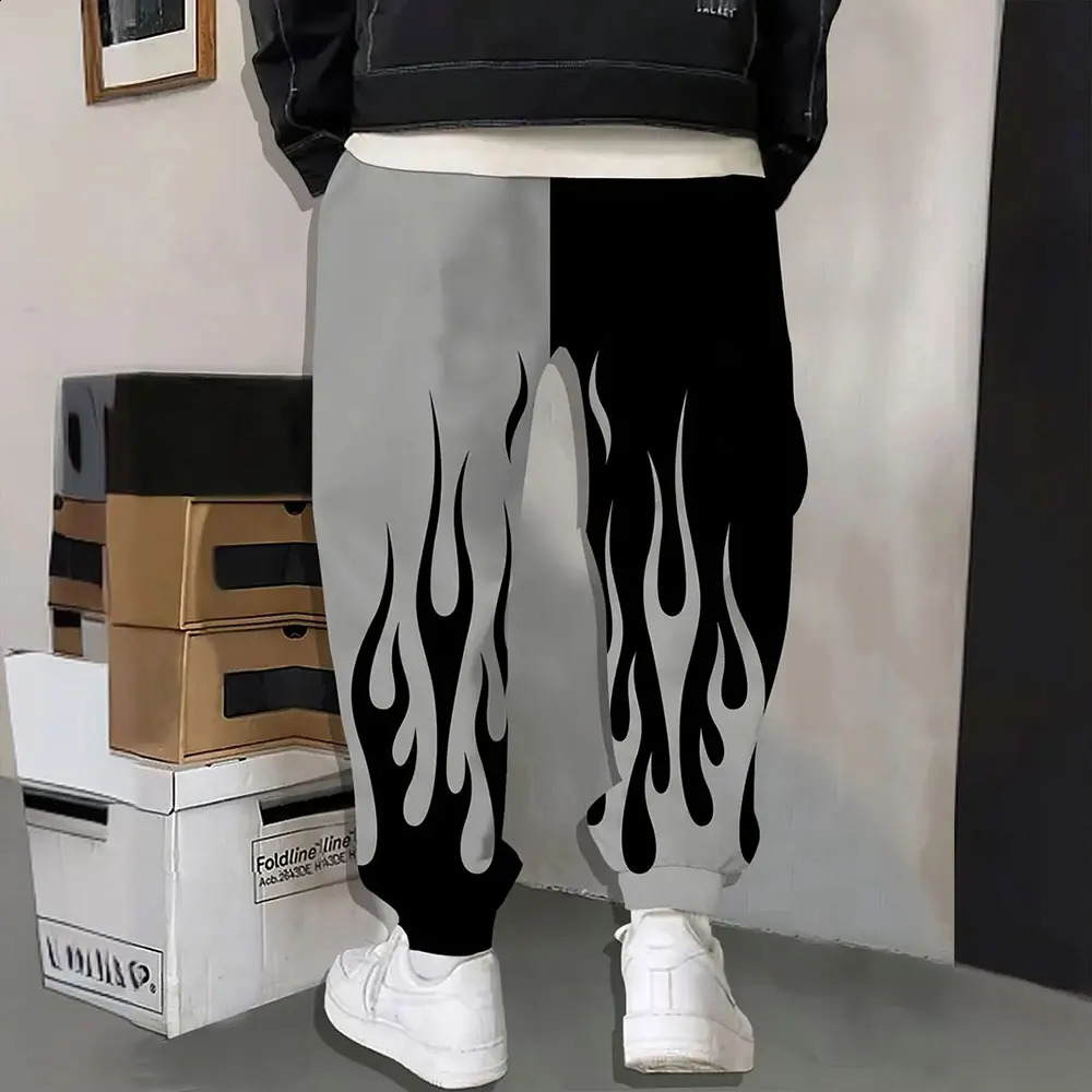 2024 Fashion 3D Flame Print Color Matching Sweatpants Winter Thick Warm Pants Men Loose Casual Pocket Drawstring 241203Z