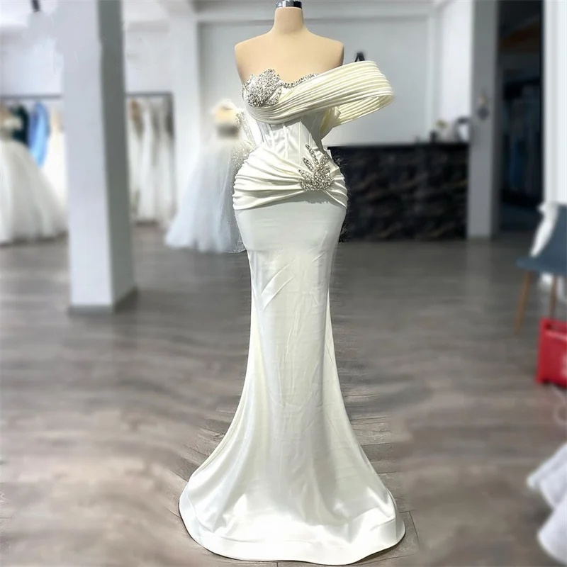 Simple Wedding Dresses One Shoulder Mermaid Crystal Bride Gowns Customize Sleeveless Satin Sweep Train Bridal Dress Plus Size Vestido De Novia 0219