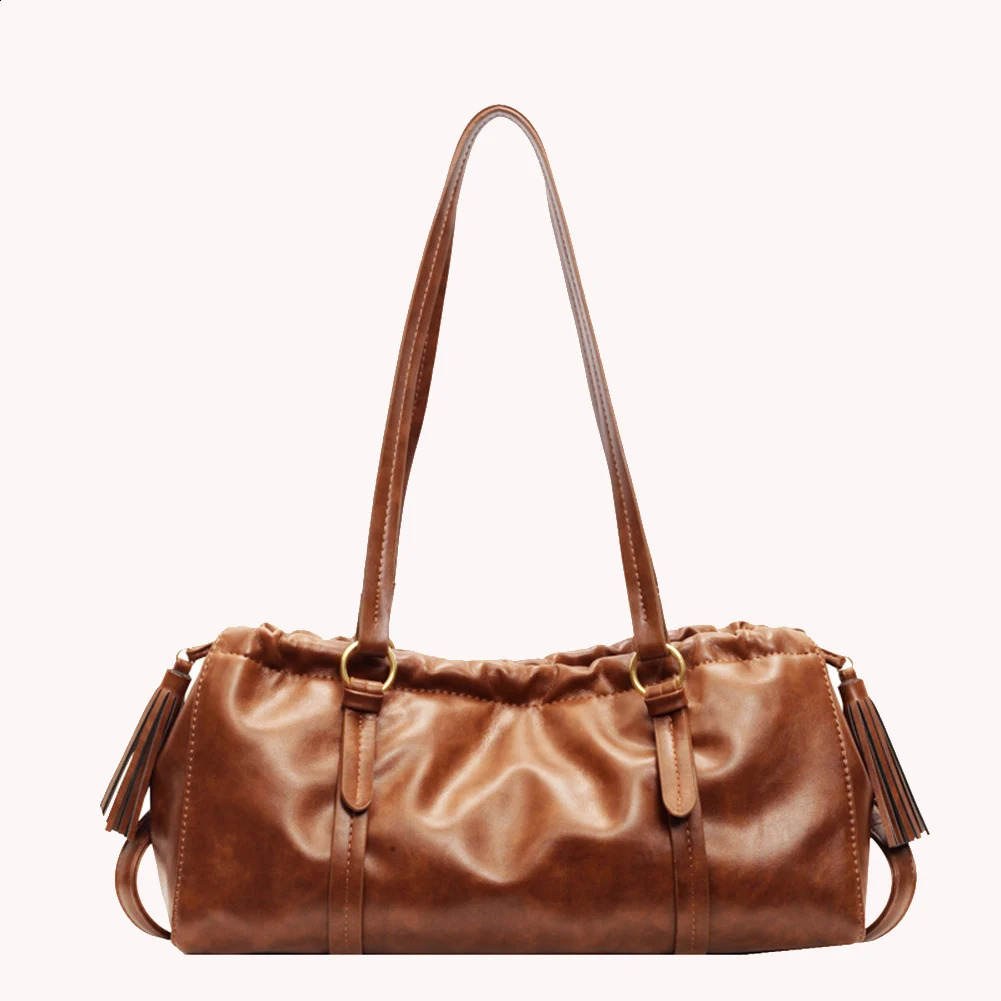 Womens Retro Vintage Tote Bag Large Capacity PU Leather Boston Ruched Bag Buckle Closure Fashion Drawstring Handbags Solid Color 241210