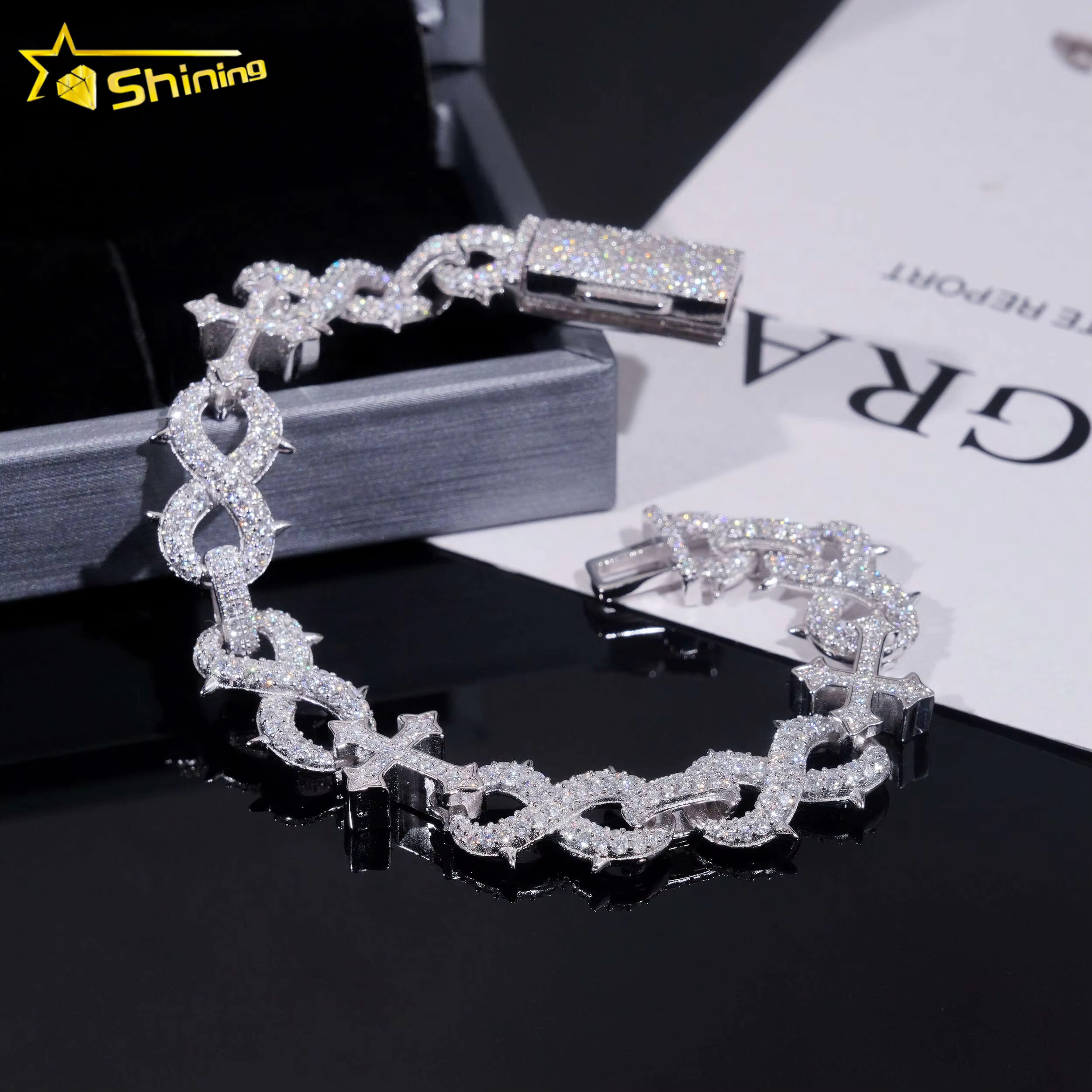 Factory 15mm Width Hip Hop Jewelry Real Silver 925 Gold Plated Vvs Lab Diamond Moissanite Infinity Cuban Link Chain Bracelet