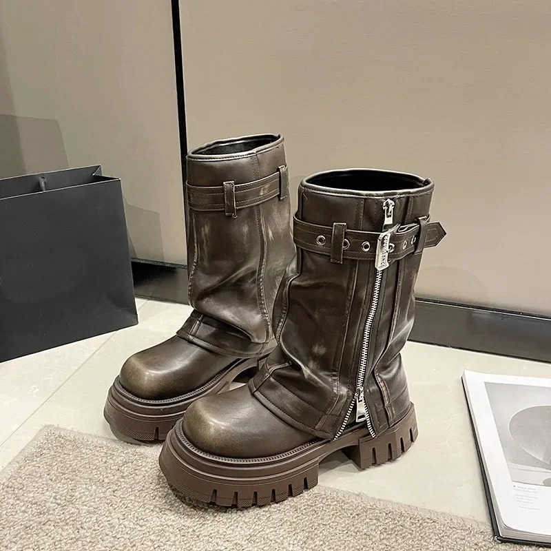 New Desinger Zipper Buckle Belt decorate Wen Platform Mid-Calf Boots Chunky Punk/Motorcycle/Goth shoes Booties Black/Brown Z241211
