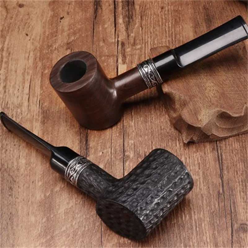 Ebony Wood 9mm Filter Flue Tobacco Pipe Retro Gentleman Bent Type Handle Handmade Smoking Pipe With Accessory Old Dads GiftXJ241211