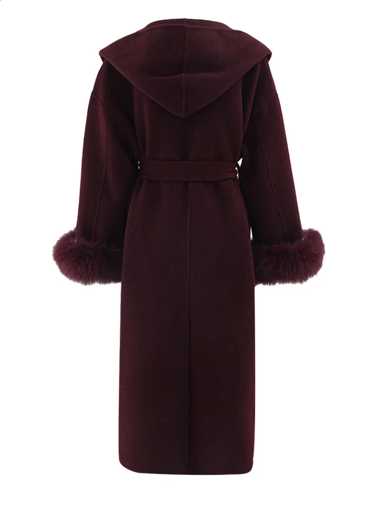 EAM wine red fur cuffs large size long wool coat hooded long sleeved womens jacket fashionable trend winter CPG2467 241205
