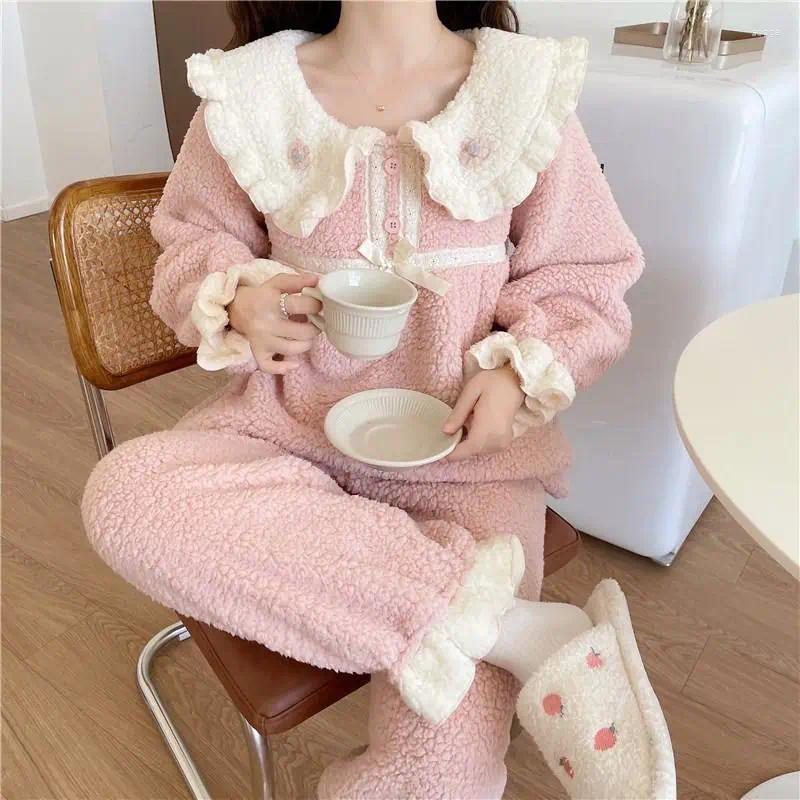 Womens Pants Short Princess Style Doll Collar Coral Fleece Pajamas Flannel Home Suit Set For Winter