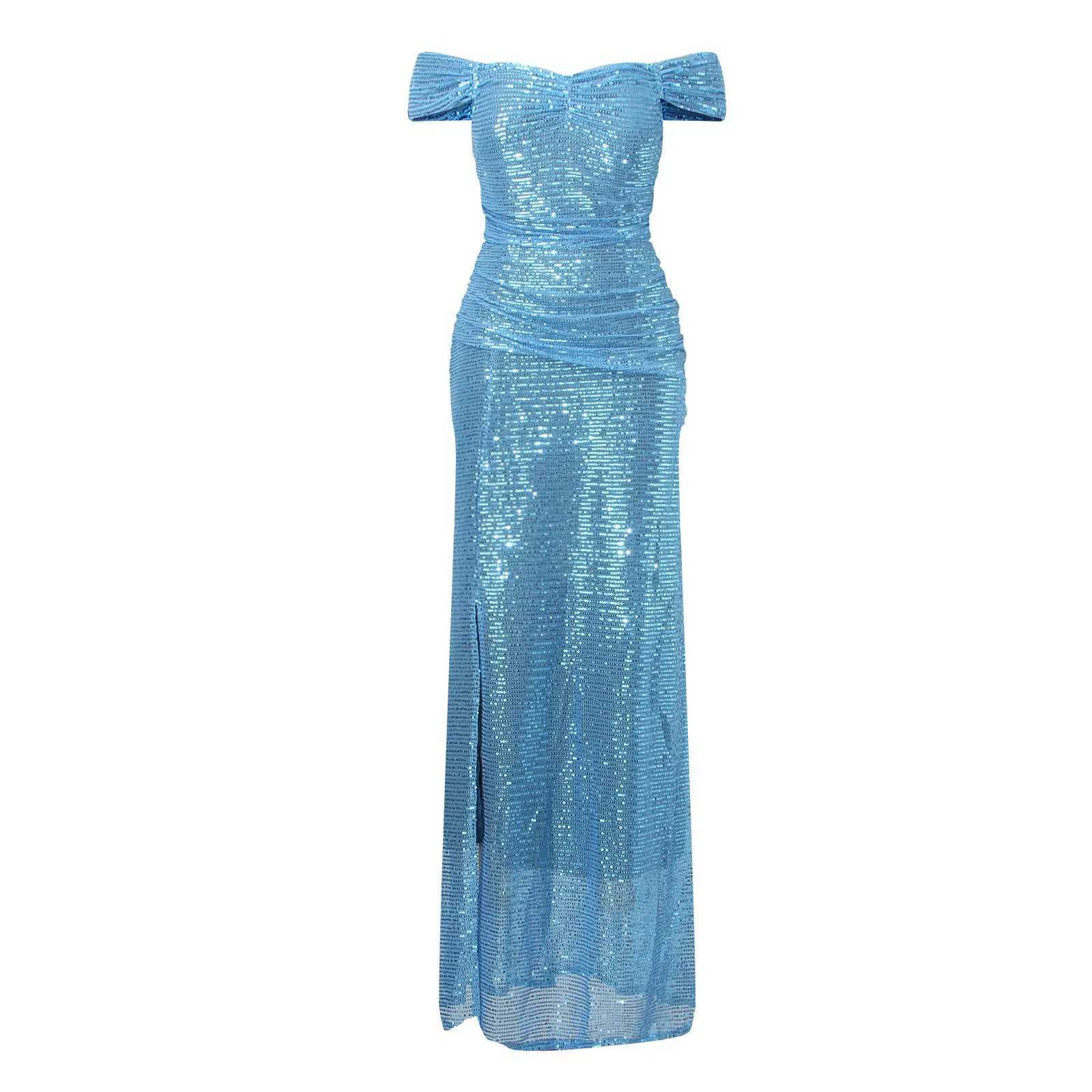 Sexy Women Dress Off-shoulder Gown Dress Sequin Pleated V-neck Maxi Slim Fit Frock Elegant Evening Club Party Prom Long SkirtXJ241210
