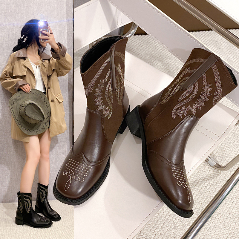 Women hot Boots:Retro British Style Thick Sole Chunky Heel Suit for Spring Versatile Fashion Short Boots,Black/Brown,Free shipping