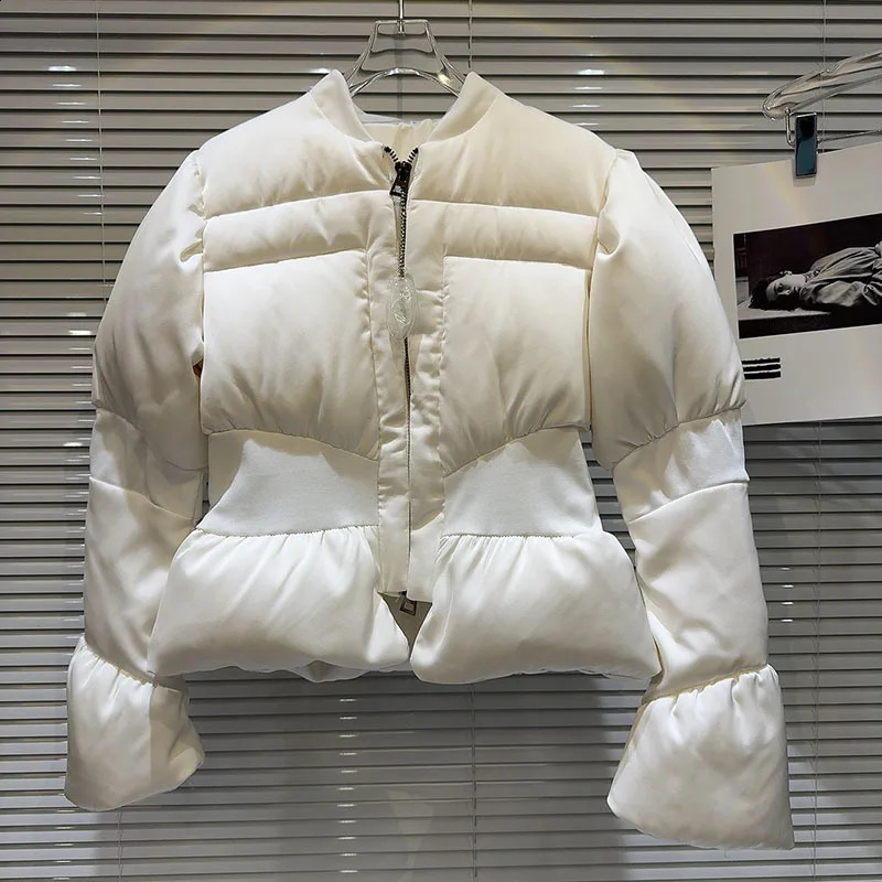 DEAT Winter Items Fashion Womens Thread Waist n Warm Jacket Casual Solid Color Zipper Cotton Padded Coat 11A01161 241209