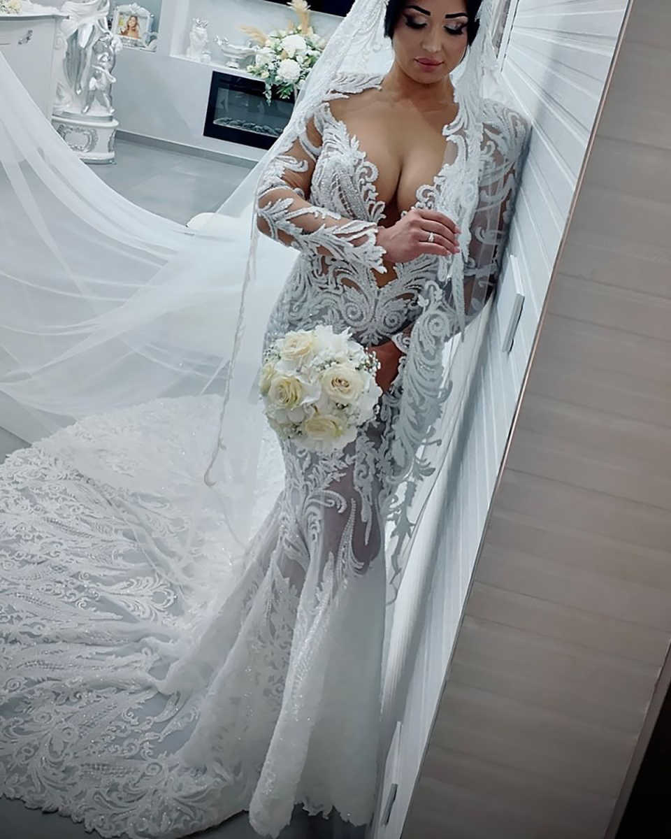 Fashion Mermaid Wedding Dresses For Women V Neck Long Sleeves Gown Sequins Appliques Backless Sweep Train Customized Dress Party Vestido De Novia