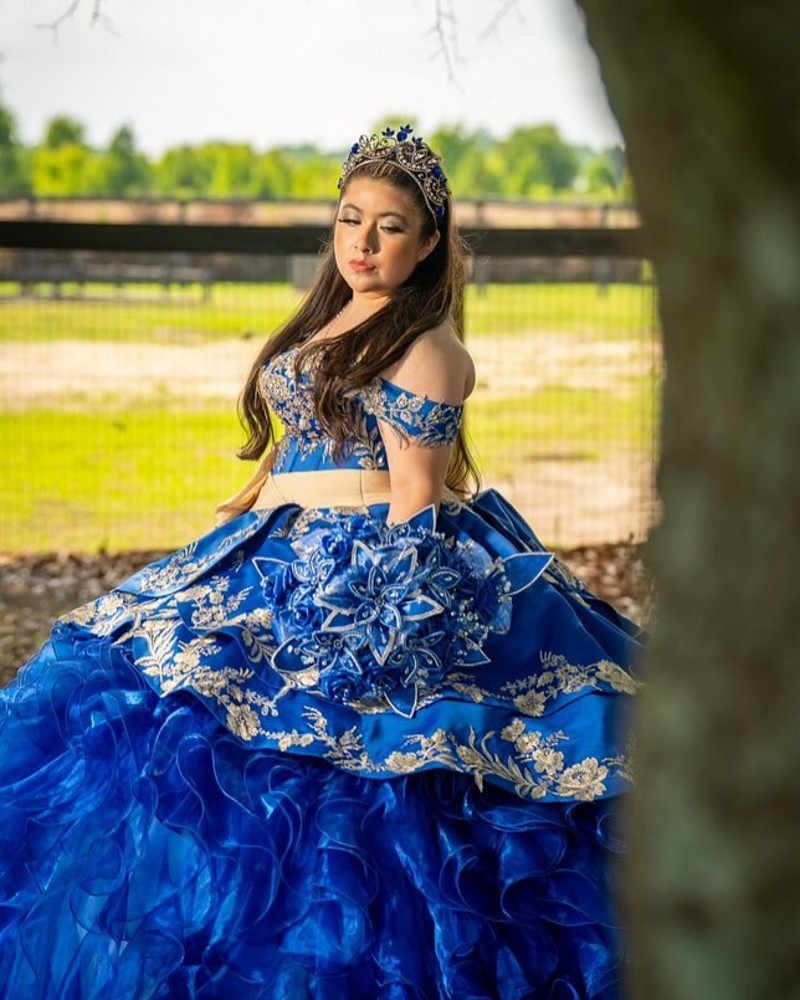 Blue Lace Appliqued Ball Gown Quinceanera Dresses Beaded Prom Gowns Off The Shoulder Necke Sixteen Sweet 15 Organza Masquerade Dress 0219