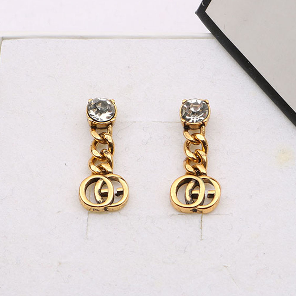 925 Silver Classic Retro Chain Charm Geometry Pattern Stud Famous Women Crystal Rhinestone Pearl Earring Wedding Party Jewerlry