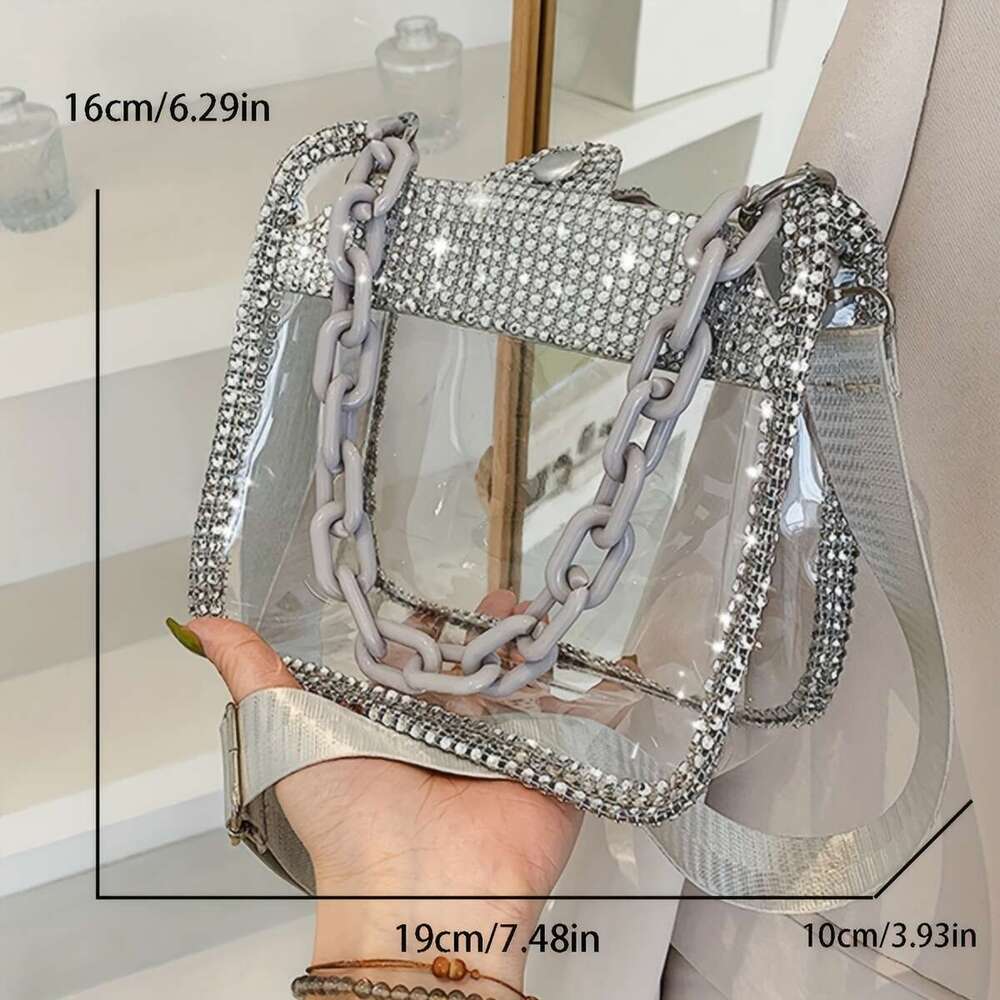 Trendy Rhie Decor Square Transparent ing Shoulder Bag, With Acrylic Strap Women's Handbag And For Music Festival