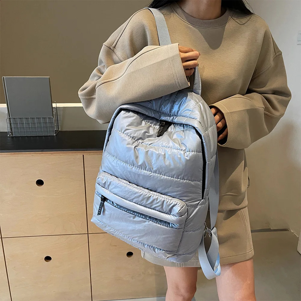 Solid Down Knapsack Large Capacity Quilted Backpack Teen Student Schoolbag Multipocket Rucksack Puffer Cotton Versatile Bookbag 241210