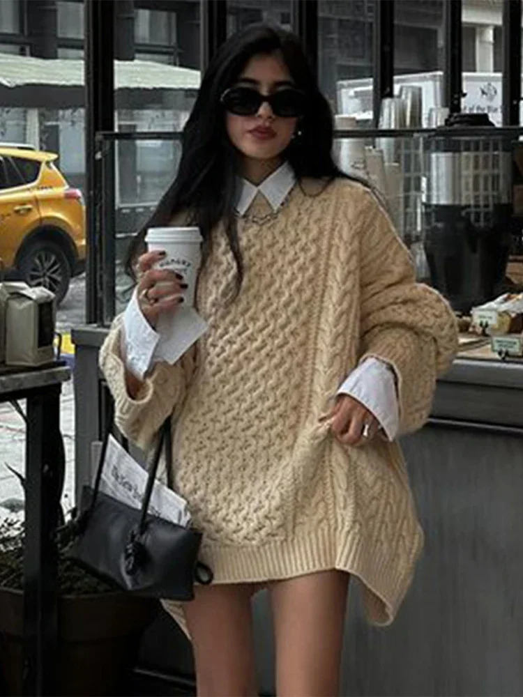 Vintage Knitted Women Pullover O-neck Full Sleeves Twist Female Sweater 2024 Autumn Winter Casual Oversize Solid Lady Sweaters 241211