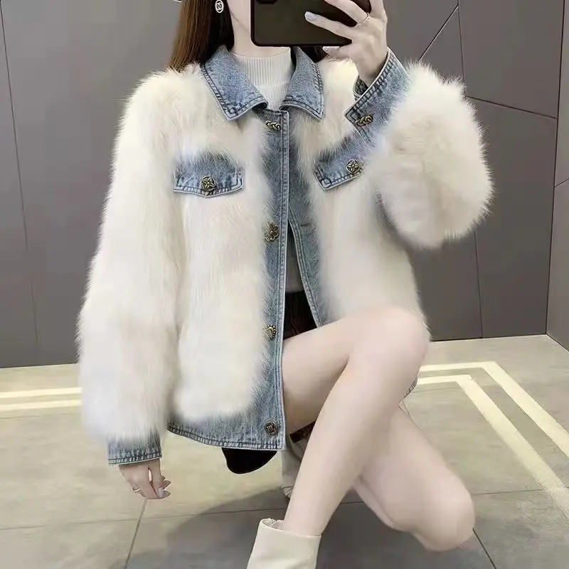 Fashionable womens synthetic mink denim patchwork jacket synthetic fox fur thick denim jacket soft padded open top wool bomber fluffy park top 241210