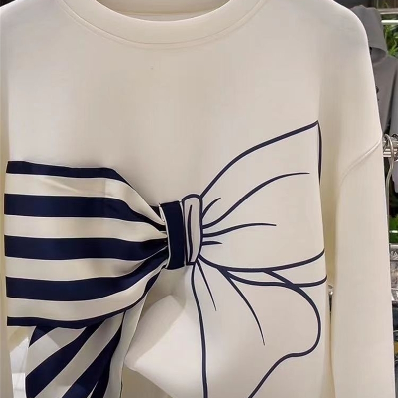 White Bow Print Personalized Loose and Lazy Style Hoodie for Women Early Autumn Top 241203
