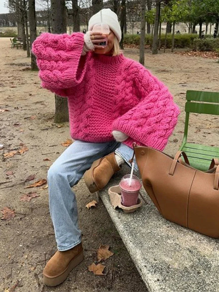 Vintage Knitted Women Pullover O-neck Full Sleeves Twist Female Sweater 2024 Autumn Winter Casual Oversize Solid Lady Sweaters 241211