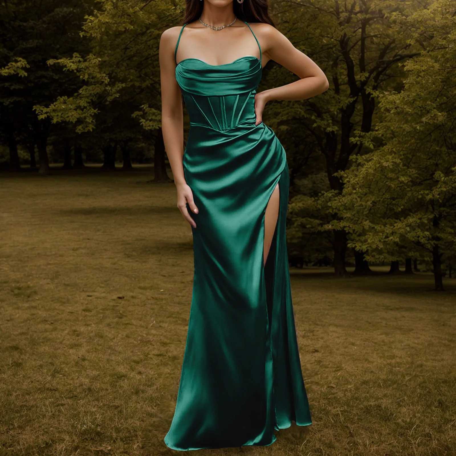 Women Sexy Sleeveless Slip Dress Smooth Silk Pleated Halter Solid Color Long Skirt Front Fork Backless Party Fashion Gala DressXJ241210