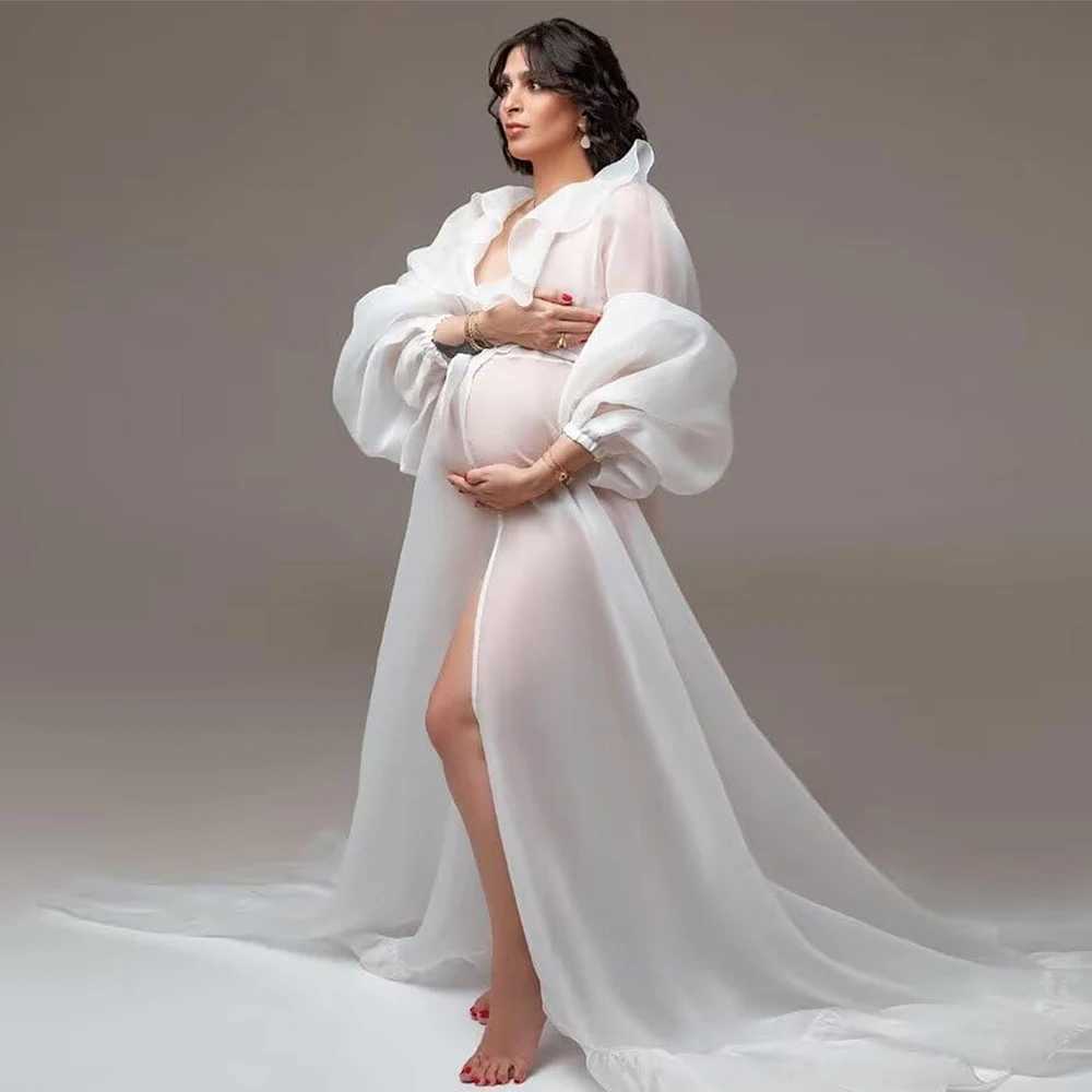 Pregnant womens photo shoot long chiffon dress with ruffled collar and lantern sleeves wearing a tie for baby showers W241211