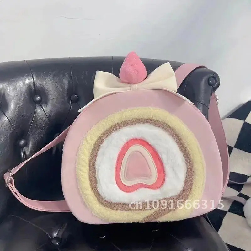 Cute Plush Strawberry Cake Roll Bags For Women Kawaii Pink Lolita Backpack Christmas Gift Quadratic Element Adjustable Strap 241210