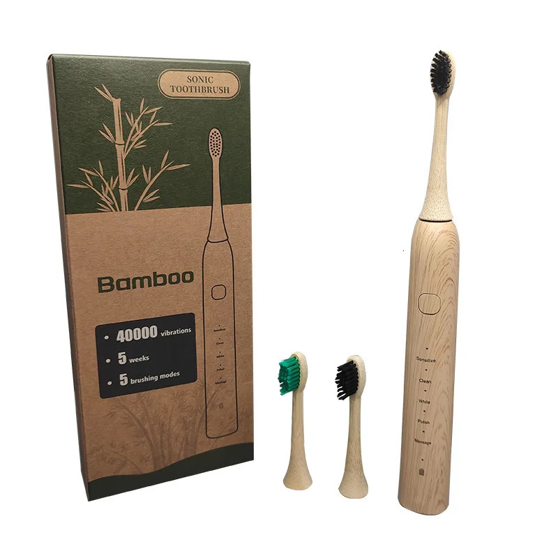 Environmentally friendly electric toothbrush bamboo brush head IPX7 circular DuPont soft bristle sonic health oral and dental cleaning gift 241209