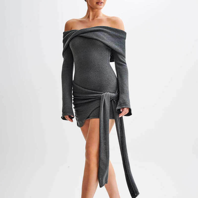 2024 New European and American Woolen Women's Sexy Off Shoulder Long Sleeve Strap Knitted Dress Short Skirt Women